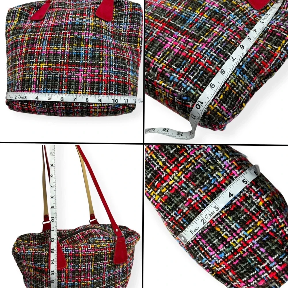 O Bag Tweed Fabric Tote‎ Bag Red Velvet Handles Medium Ready to Use Boho EUC